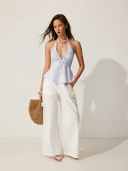 Cotton-blend Striped Halter Neckline Drawstring Peplum Hem Top