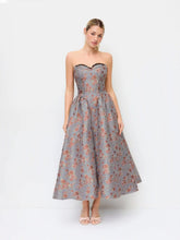 Jacquard Sculptural Floral Bandeau Lace Trim Bowknot A-line Maxi Dress