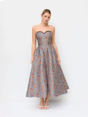Jacquard Sculptural Floral Bandeau Lace Trim Bowknot A-line Maxi Dress
