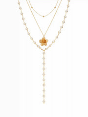 FLOWER & FAUX PEARL LAYERED NECKLACE