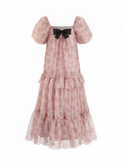 Floral Square Neck Puff Sleeve Bowknot Ruffled Tiered Babydoll Maxi Dress