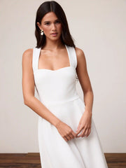 Square Neck Solid Criss Cross Ruffle Midi Dress