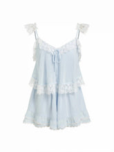 Chiffon V-neck Lace Panel Knotted Ruffle Sleeve Oversized Romper