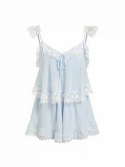 Chiffon V-neck Lace Panel Knotted Ruffle Sleeve Oversized Romper