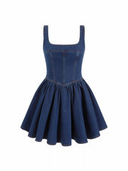Denim Washed Square Neck Ruffled A-line Mini Dress