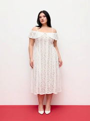 Lace Off-Shoulder Knotted Flared Maxi Dress Curve & Plus