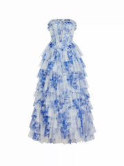 Chiffon Sculptural Floral Strapless Lace Up Knotted Layered Maxi Dress