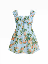 Fruit Print Ruched Knotted Square Neckline A-line Mini Dress Curve & Plus