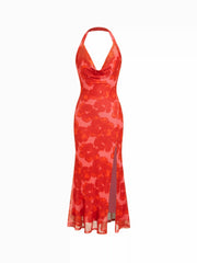 Floral Mesh Halter Neck Asymmetrical Split Mermaid Maxi Dress