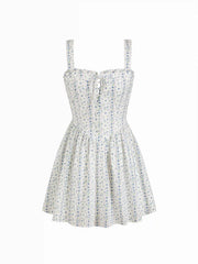 Cotton-blend Ditsy Floral Square Neck Ruffled Flared Mini Dress