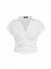 Cotton-blend V-neck Ruched Short Sleeve Blouse Curve & Plus