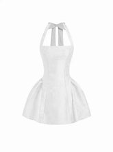 Jacquard Sculptural Halter Neckline Floral Bowknot Ruched Flared Mini Dress