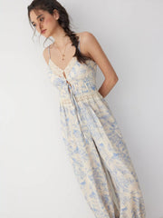 Cotton-blend Floral Sweetheart Cami Lace Trim Drawstring Barrel-leg Jumpsuit