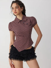 Cotton Plaid Puff Sleeve Asymmetrical Blouse