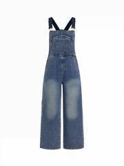 Petite Denim Washed Low Rise Metal Detail Wide Leg Oversized Overalls