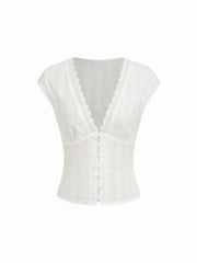 Textured V-neck Short Sleeve Lace Trim Pearl Button Blouse