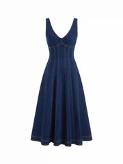 Stretch Denim V-neck Washed Pleated A-line Midi Dress