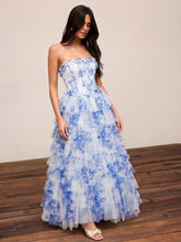 Chiffon Sculptural Floral Strapless Lace Up Knotted Layered Maxi Dress