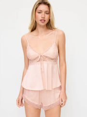 Satin V-neck Lace Trim Cami Top & Mid Rise Lace Hem Shorts Loungewear Set