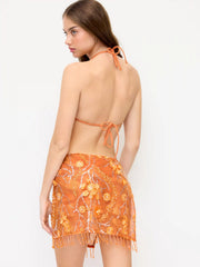 Mid Rise Flower Detail Glitter Embroidery Beaded Tassel Hem Split Cover Up Skirt