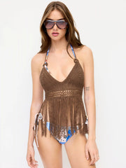 Knit Halter Neckline Hollow Out Crochet Fringe Trim Cover Up Skirt