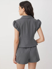 Puff Sleeve Collar Cropped Top & Low Rise Straight Leg Shorts Set
