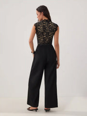 Lace Stand Collar Mid Rise Wide Leg Jumpsuit With Belt