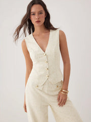 Cotton-blend Textured V-neck Blazer Vest With Metal Button Detail