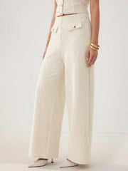Cotton-blend Textured Mid Rise Wide Leg Trousers With Metal Detail