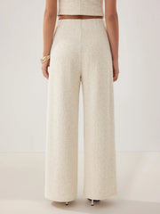 Cotton-blend Textured Mid Rise Wide Leg Trousers With Metal Detail