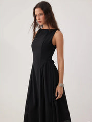 Chiffon Boat Neck Draped A-line Midi Dress