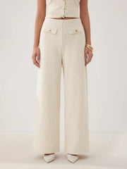 Cotton-blend Textured Mid Rise Wide Leg Trousers With Metal Detail