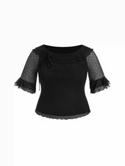Mesh Polka Dot Bell Sleeve Knotted Lettuce Trim Layered Top Curve & Plus