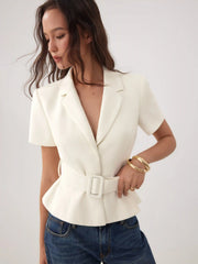 Collar Short Sleeve Peplum Belted Blazer With Shoulder Pads