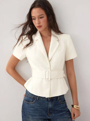 Collar Short Sleeve Peplum Belted Blazer With Shoulder Pads