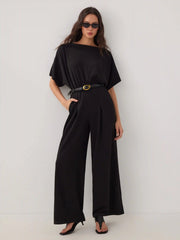 Boat Neck Batwing Sleeve High Rise Wide Leg Jumpsuit With Belt