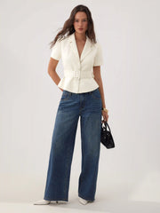 Collar Short Sleeve Peplum Belted Blazer With Shoulder Pads