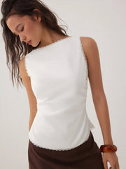 Linen-blend Boat Neck Lace Trim Knotted Sleeveless Blouse