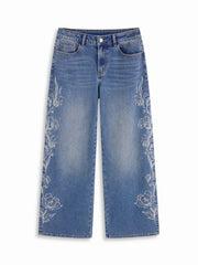 Denim Floral Embroidery Low Rise Straight Leg Jeans