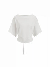 Cotton-blend Boat Neck Batwing Sleeve Drawstring Tee