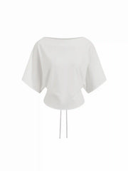 Cotton-blend Boat Neck Batwing Sleeve Drawstring Tee