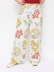 Cotton Mid Rise Fruit Graphic Wide Leg Trousers Curve & Plus