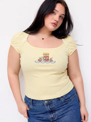 Cotton-blend Fruit Embroidery Bowknot Short Sleeve Tee Curve & Plus