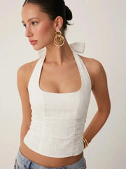 Cotton Jacquard Halter Neckline Ruched Shirred Blouse