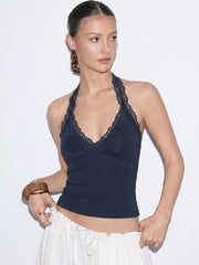 Cotton-blend Halter Neck Lace Trim Slim Cami Top