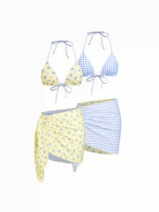 Reversible Floral & Gingham Halter Neckline Triangle Bikini Set With Cover Up Skirt