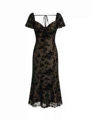Mesh Flocking Floral Sweetheart Ruffle Sleeve Mermaid Midi Dress