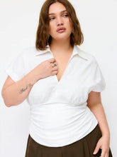 Cotton-blend V-neck Ruched Short Sleeve Blouse Curve & Plus