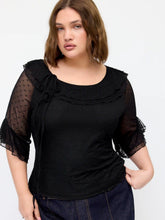 Mesh Polka Dot Bell Sleeve Knotted Lettuce Trim Layered Top Curve & Plus