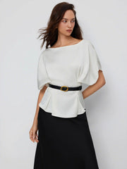 Satin Batwing Sleeve Top & Mid Rise Mermaid Skirt Set with Belt